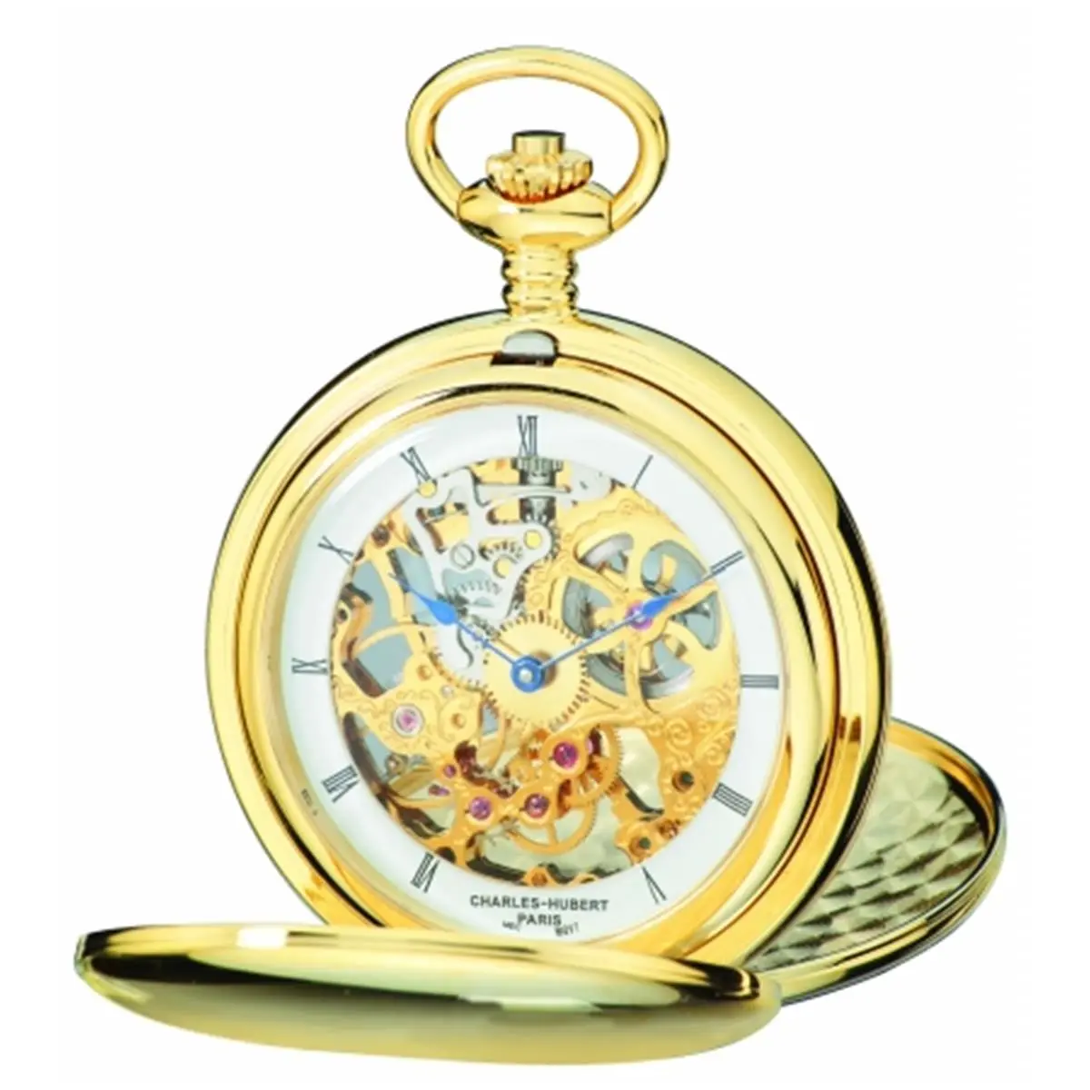 212 MAIN Women's Fashion Pocket Watch with Chain - Polished Gold-Plated Stainless Steel, Double Hunter Case, Skeleton Dial, Double Cover Mechanical Movement Fashion Accessory