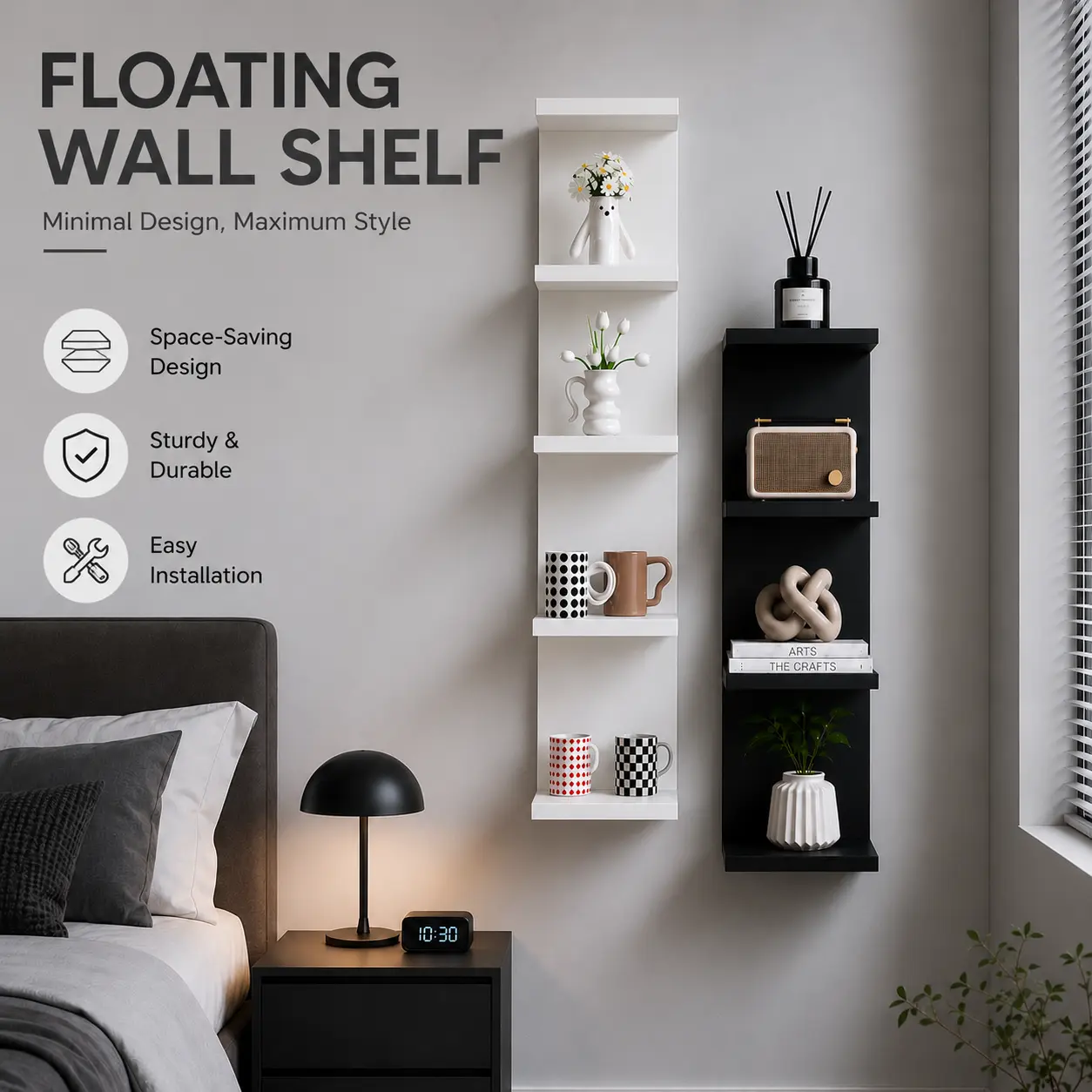 Floating Wall Shelves, 2-Pack, 4-Tier & 5-Tier Combo, Modern Vertical Wall-Mounted Storage Rack, Easy to Install Space-Saving Organizer, Wall Decor for Living Room, Bedroom, Bathroom, Kitchen, Office, Perfect for Books, Plants, and Display Items.
