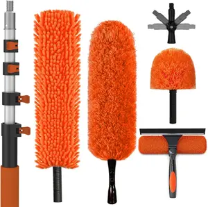 30FT Reach High Ceiling Duster Kit, Window Cleaning kit with 5-24FT Extension Pole, Fan Duster for Ceiling Fan Blades, Microfiber Feather Duster, Rotatable Window Squeegee and Cobweb Duster