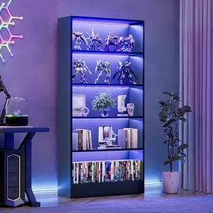 BACEKOLL Tall Black Display Cabinet with LED RGB Lighting 5-Tier Carbon Fiber Wood Grain Bookshelf for Collectibles Modern Living Room Bedroom Office Storage