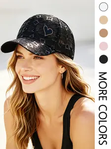 1 PC Men's and Women's Lace Netting Beaded Heart Baseball Cap Adjustable Snapback, A Casual, Lightweight, Breathable, Versatile Outdoor Sun Hat for Daily Outdoor Outfits in Spring and Summer Seasons