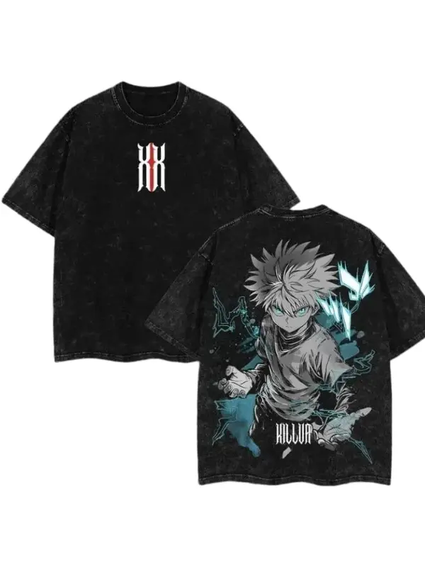 Killua Zoldyck T-Shirt Hunter x Hunter Graphic Anime Tee Oversized Acid Washed Soft Cotton Shirt Anime Streetwear Casual Menswear Unisex Summer Clothing Gift for Anime Fans wash loose fit vintage cotton