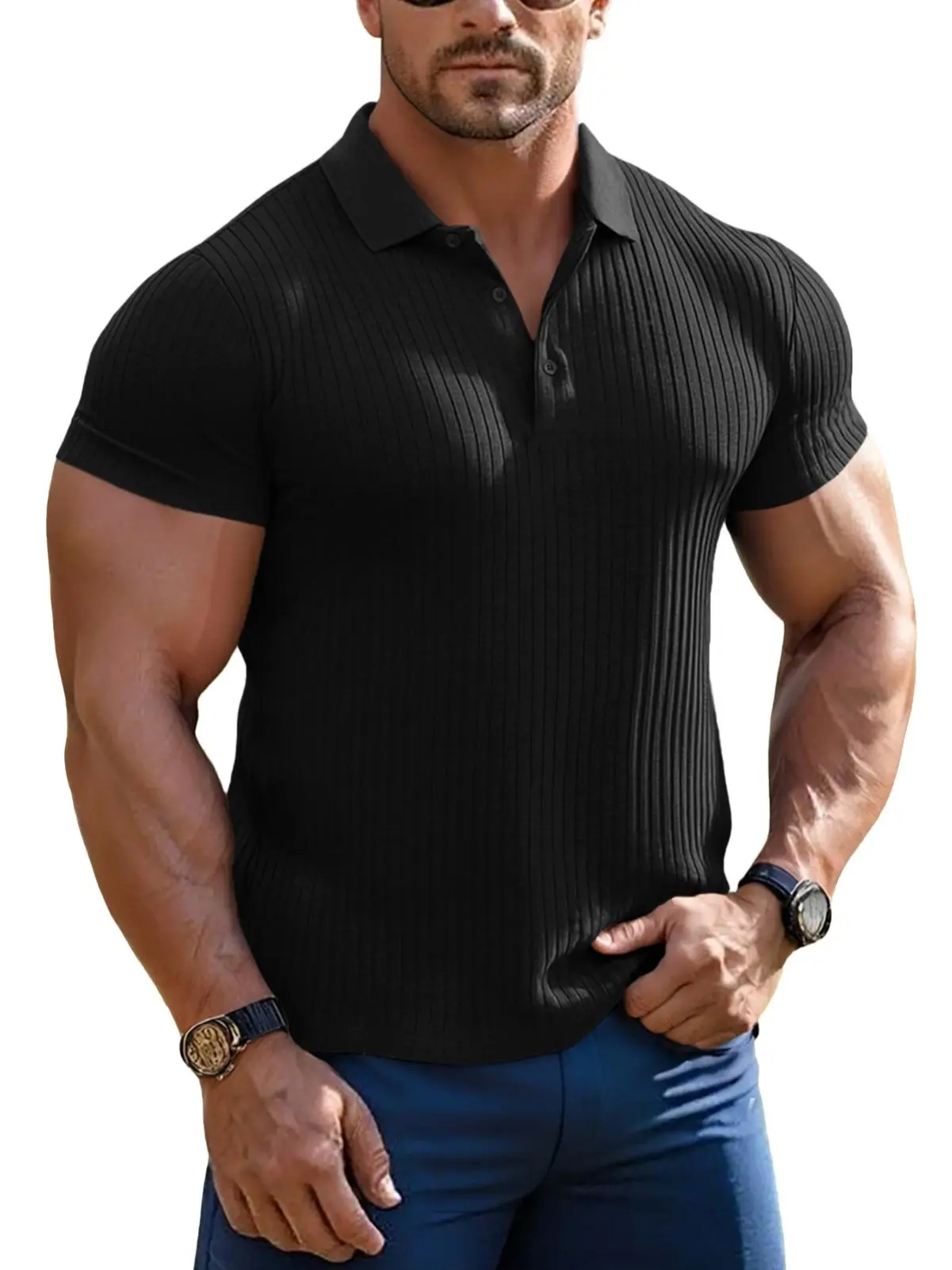 Muscle Cmdr Men's Knit Polo Shirts New York Fashion Week Men's Polo Shirts Short Sleeve Ribbed Knit Polo T Shirts Fashion Casual Golf Shirts FabricMenswear Classic Summer Lightweightal Golf Shirts Summervibes fathers day gift ideas Slim Fit blue collar