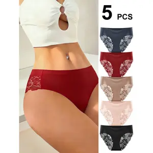 QUASTI Women's 5-Pack High Waisted High-Cut Lace Seamless Undershorts - 5pcs Basic Fashion Lady Panties, Polyester Lightweight Soft Stretchy Contrast Lace, Breathable Cotton Crotch, Good Fit, S-XXL