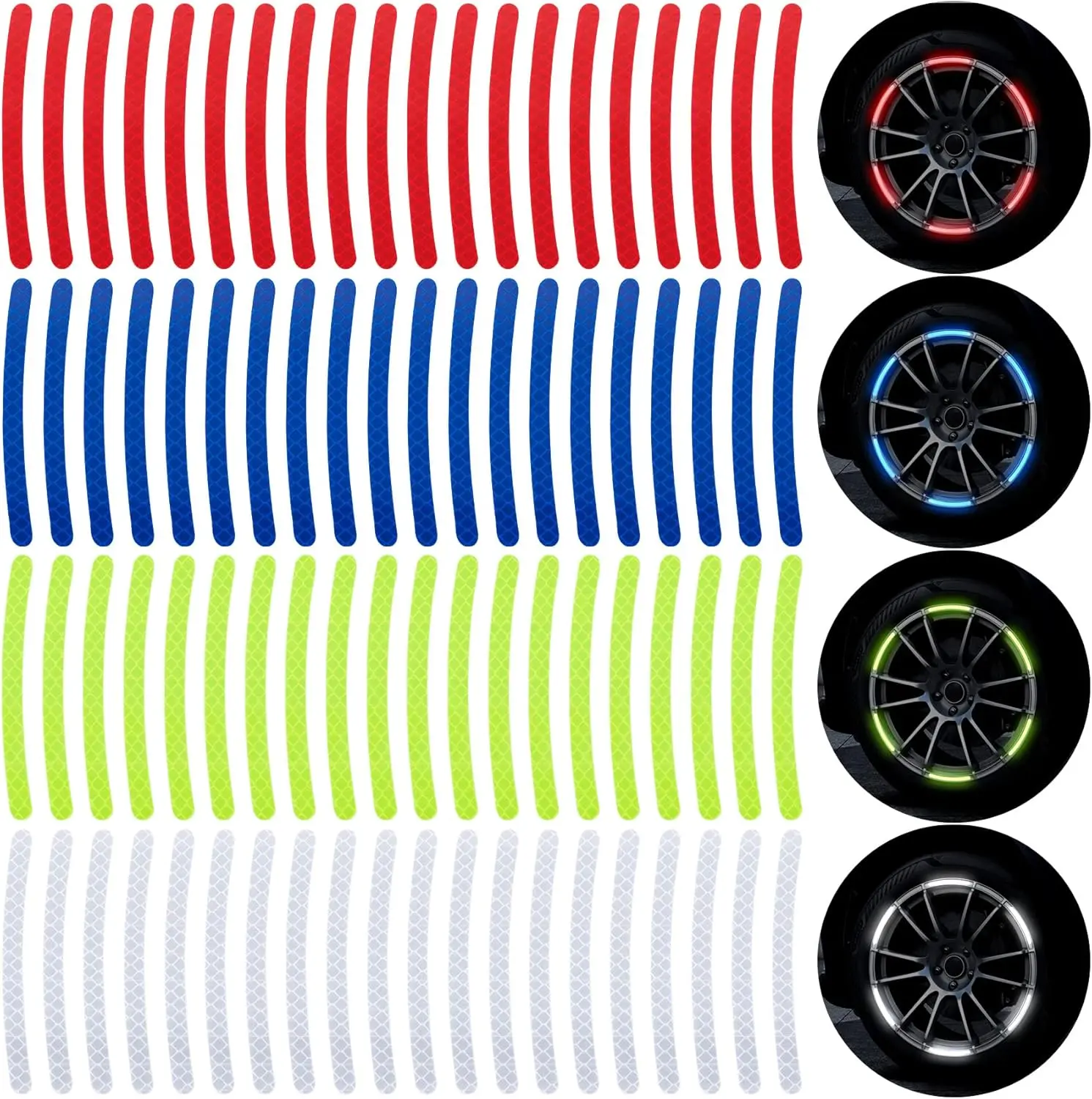 80 count Reflective  Wheel Rim Stickers, Wheel Adhesive Strips Stickers, Fluorescent Reflective Exterior Accessories Decorative  Tape for , Motocycle, Bicycle-Green, White, Blue, Red