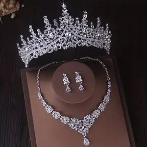 3-piece Set of Rhinestone Crown Necklace Earrings, Classic and Elegant Special Occasions - Wedding Accessories