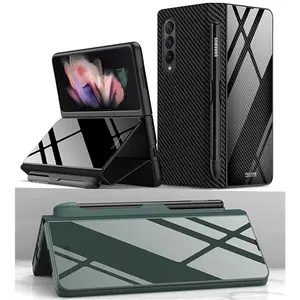 Samsung Galaxy Z Fold 3 5G Luxury Flip Templated 9H Glass Simulation Leather Case with S Pen Slot Magnet Protective Heavy Duty Shockproof Smartphone Cover Wireless