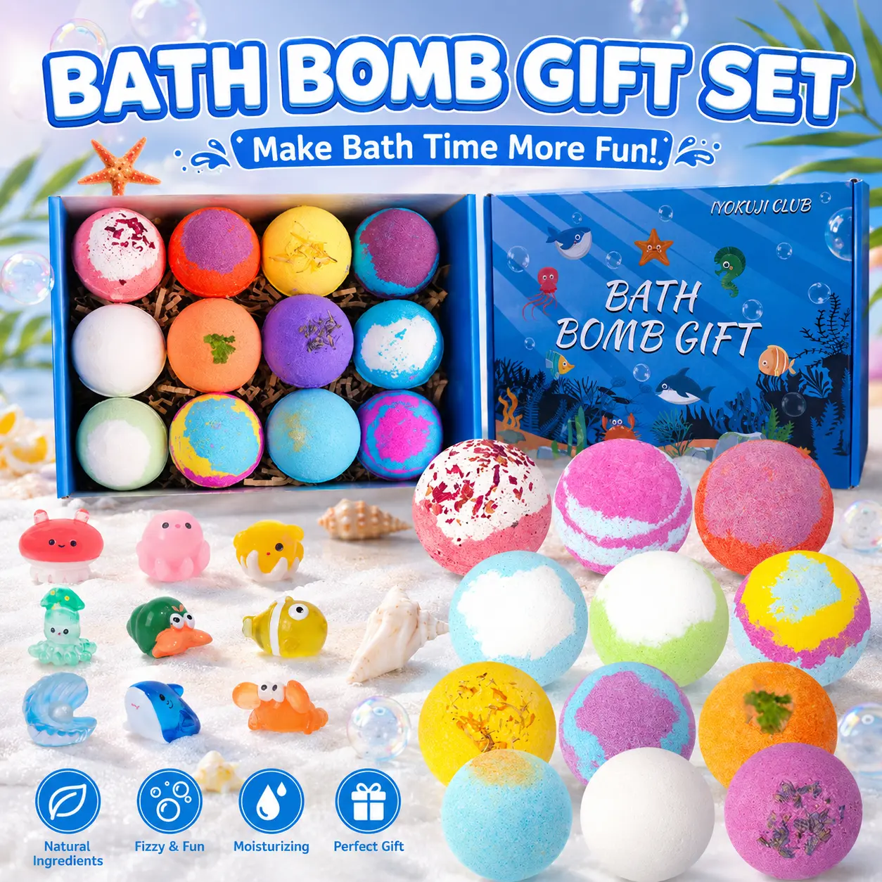 IYOKUJI CLUB 12Pcs Ocean Bath Bombs with Surprise Toys Inside, Lush Vibes Organic Bubble Bath Fizzy Set for Kids & Toddlers, Best Bath and Body Self-Care Gift Box Body Care Whipped Fruit Soap