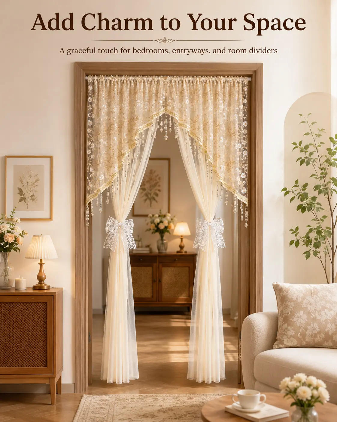 Luxurious Lace Crystal Beaded Door Curtains with Embroidery, 59-94 in Wide Sheer Room Dividers, Elegant Home Decor for Bedrooms, Entryways, Beaded Curtain, Crystal Beads