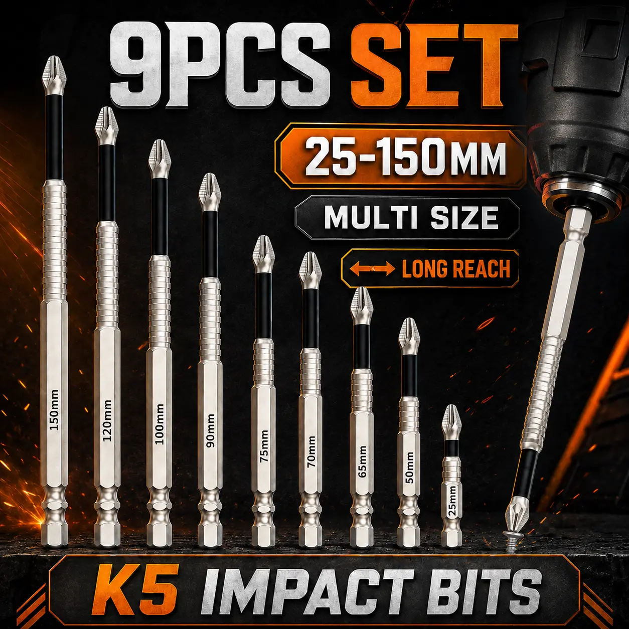 6/9PCS Driver Bit Set, S2 Steel Phillips Screwdriver Bits 25mm-150mm, 1/4 Inch Hex Shank Anti-Slip Power Bits for Drill and Electric Screwdriver Strong titanium alloy impact non-slip