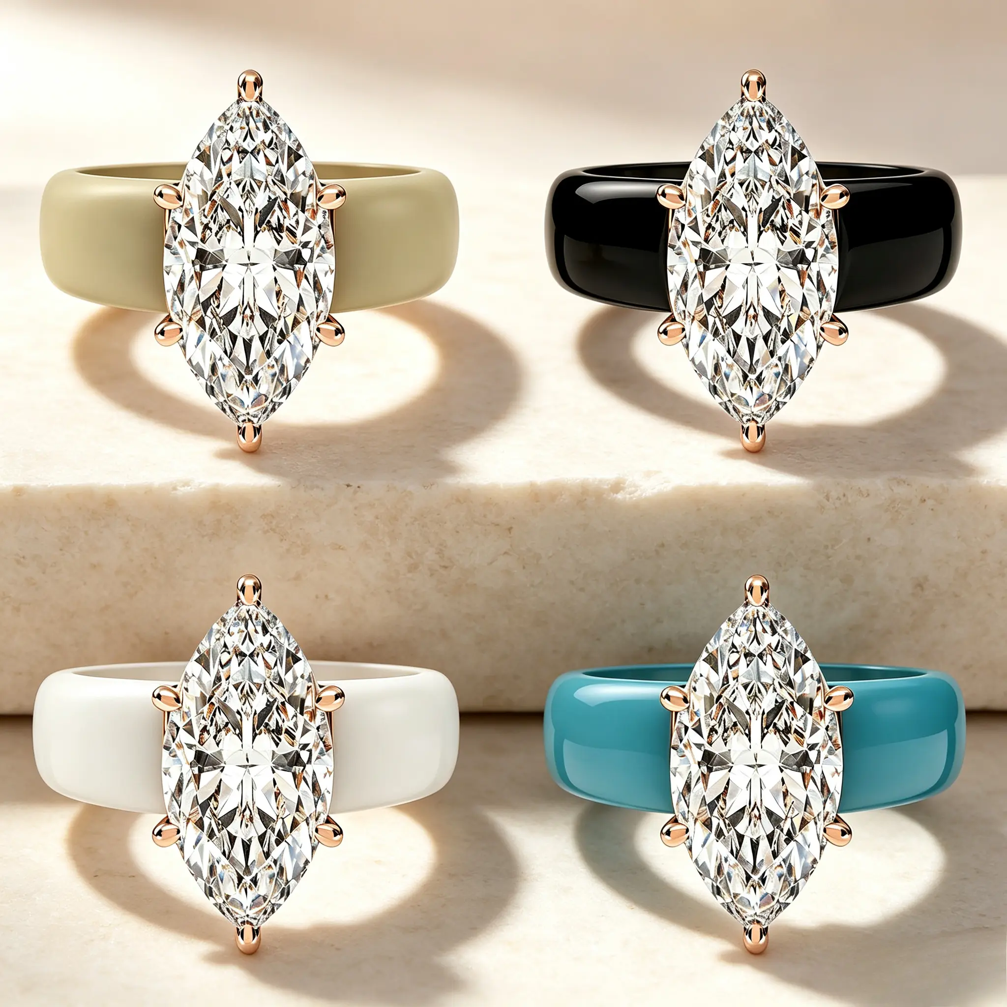 Women's Elegant Marquise Cut Simulated Diamond Ring - 4-Color Wide Ceramic Band, Rose Gold Prong Setting, Stackable Solitaire, Wedding Engagement Fashion Jewelry Gift (Cream, Black, White, Turquoise)