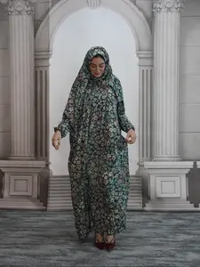 Women's Ditsy Floral Print Contrast Lace Prayer Dress with Integrated Hijab, Elegant Batwing Sleeve Kaftan for Daily Wear, Ladies Islamic Clothing for All Seasons, Classy Modest Dresses