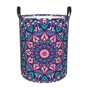 Decorative Mandala Design Laundry Basket - Round Foldable Storage Bucket, Beautiful Flower Print Hamper for Bathroom/Bedroom, Thoughtful Gift for Girls and Mothers