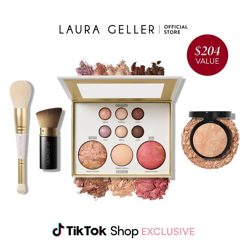 Laura Geller Tuscan Dreams Holiday Baked Starter Kit 4PC Full Face Makeup Palette with Foundation Limited Edition Brushes for Flawless Skin - Beauty Kit