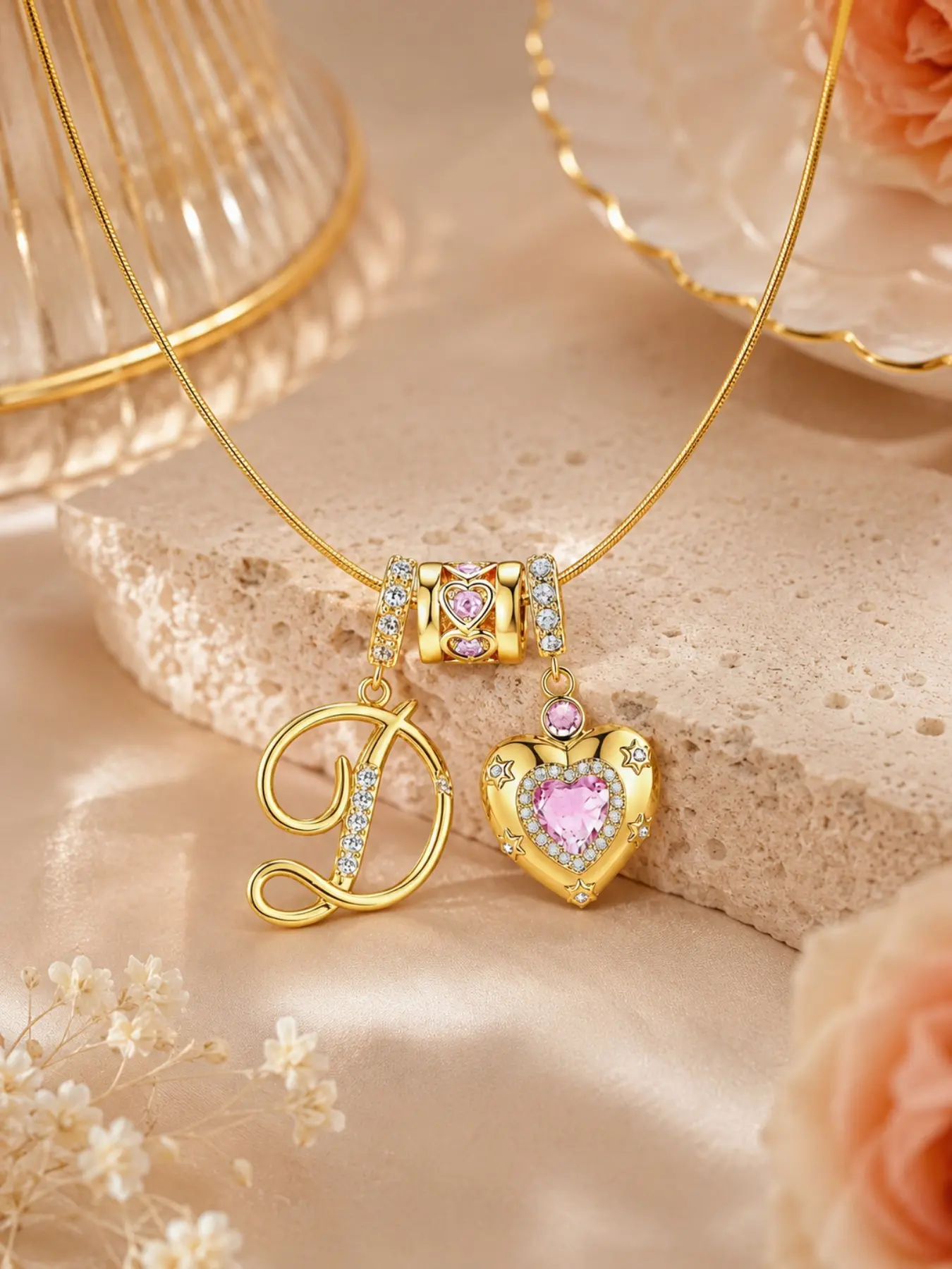 1 Pair A-Z Initial Charm Necklace for Women, Gold Tone Alphabet Detail Pendant with Pink Heart Crystal Locket Charm, Personalized Snake Chain Necklace, Trendy Romantic Jewelry, Cute Girly Gift for Birthday, Valentine's Day, Anniversary, Everyday Wear