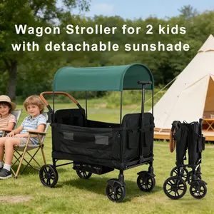 Wagon Stroller for 2 Kids, with Detachable Sunshade,Baby stroller& Camping StrollerTwo-Way Push, Foldable, Aluminum Frame, for 0-36 Months Baby