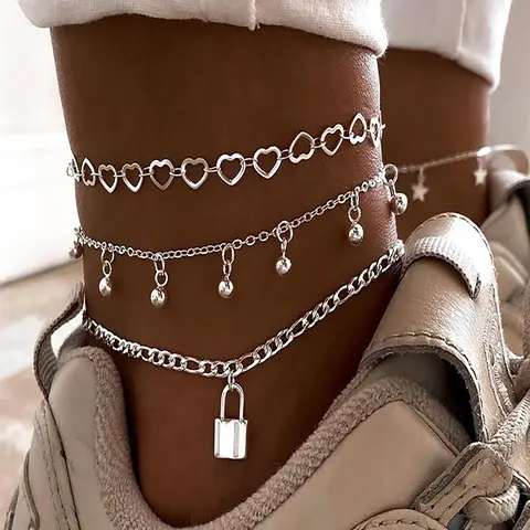 3pcs/set Women's Fashion Hollow Out Heart Lock Charm Anklet, Casual Trendy Multilayer Anklet, Dainty Layered Anklet, Layered Anklet, Body Jewelry, Foot Jewelry For Women & Girls, Fashionable Jewelry, Fashionable Accessory, Fashion Cool Accessories