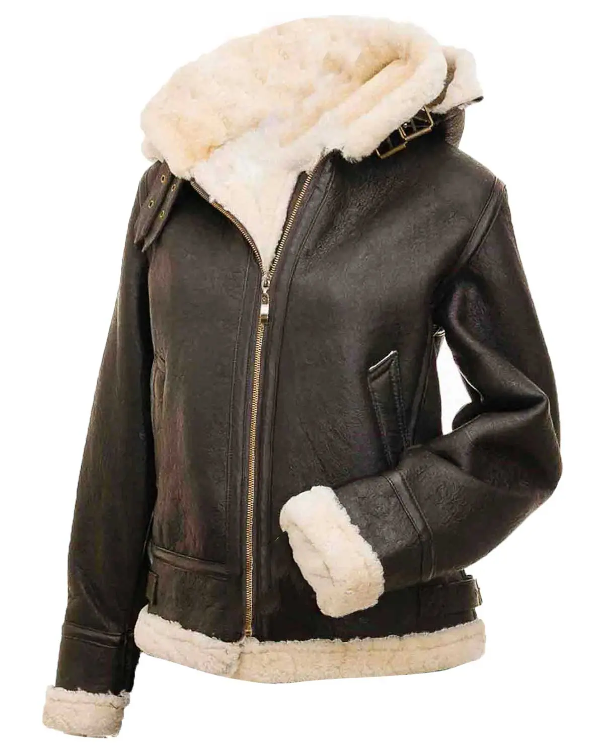 MotorCycleJackets Women’s Shearling Brown Leather Bomber Jacket with Hood