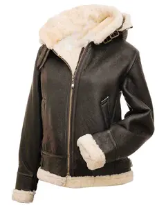 MotorCycleJackets Women’s Shearling Brown Leather Bomber Jacket with Hood
