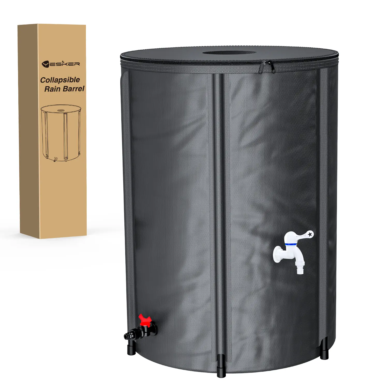 Yesker Collapsible Rain Barrel, 100 Gallon Portable Rainwater Collection System, 550D PVC Water Storage Tank, Rain Catcher with Spigots Filter Overflow Kit, Grey | 550D PVC, Rain Water Collection Barrel with Overflow Valve & Spigot Kit, Grey
