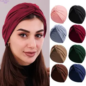 Women’s Fashion Stretchy Plain Twist Turban Cap Hats - Front Cross Design, Soft Comfortable 1-Size-Fits-All Pullover Head Wrap, for Chemo Use & Everyday Casual Wear