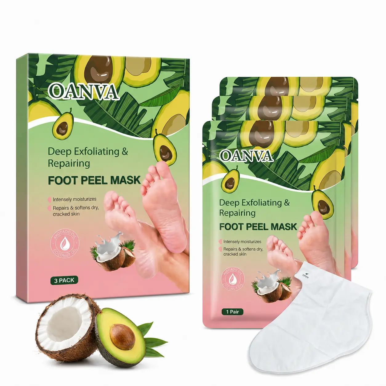 OANVA Foot Peel Mask | Skin Exfoliating Foot Masks | Dry, Cracked Feet, Callus, Dead Skin Remover | Baby Soft Feet | Avocado oil & Coconut oil