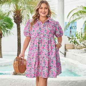 Plus Size Floral Half Button Short Puff Sleeve A-line Dress,Size S-4X