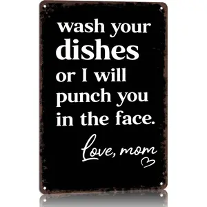 Funny 'Wash Your Dishes Or I'Ll Punch You In The Face' Metal Tin Sign 8"X12" - Waterproof, Weather-Resistant, Matte Finish, Perfect For Kitchen & Home Decoration, Cute Gift For Mom