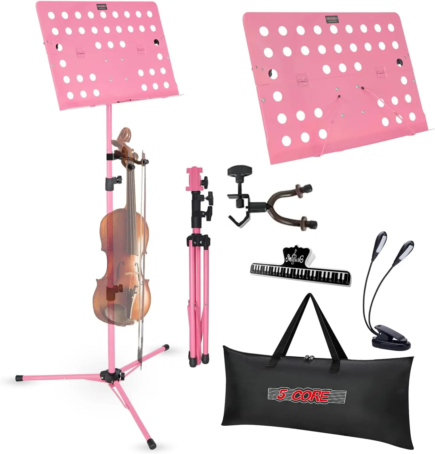 5 Core Sheet Music Stand Portable Dual Use Desktop Book Holder Folding Lightweight Tripod Adjustable 57" w Carrying Bag, LED Light, Guitar Holder Clip for Musicians Pink