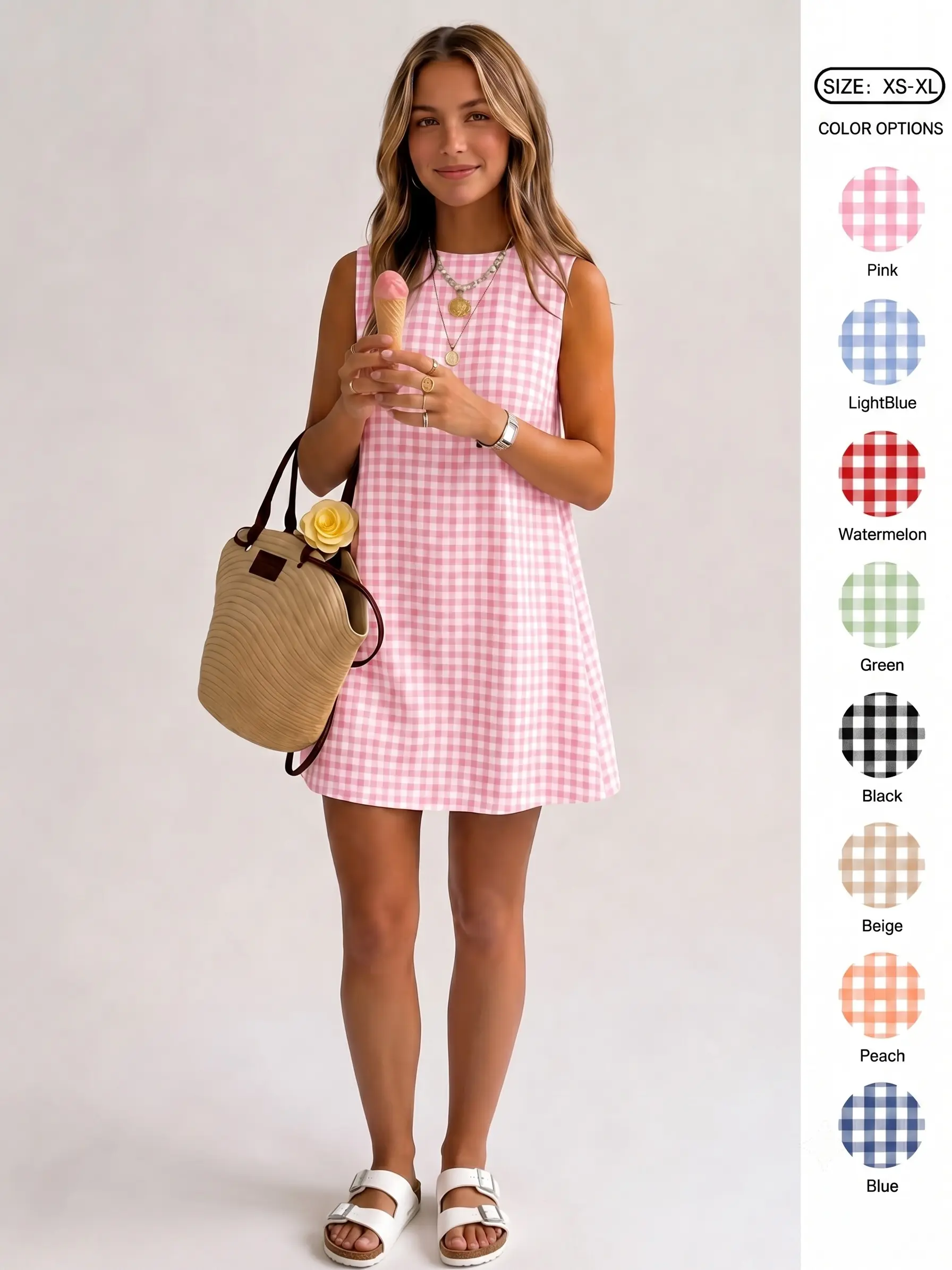 IDEALSANXUN Women's Retro Gingham Plaid Sleeveless Sundress - Crewneck/Spaghetti Strap, Cotton Casual Womens Dresses, Women's Clothing, Cute Mini Dress, Spring Summer Beach Vacation Outfit with Buttons