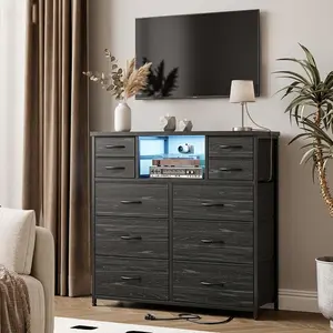 【SUMMER Vibes】Raybee Furniture 10 Drawers Dresser for Bedroom, Fabric Organizer Unit with LED Light & Charging Station, Sturdy Chest of Drawers with 2 Open Wooden Shelves, Sturdy & Space-Saving Bedroom Dresser for Storage, Closet, Hallway, Dorm