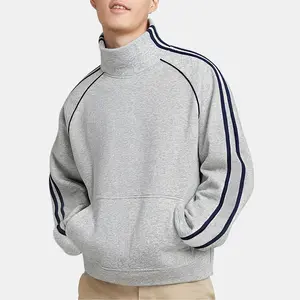 Men's Round Neck Sports Shirt, lLoose Fit Vintage Style Long Sleeved Outdoor Top With Nostalgic Style Featuring Navy Blue Stripe Cuffs And hHigh Neck Hooded Kangaroo Pocket. SuitableFor Spring/Autumn/Winter.