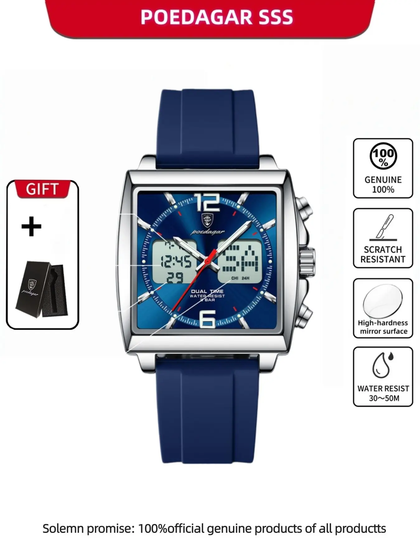 Poedagar Luxury Top Man Watch, Electronic Square LED Alarm Chronograph, Men's Watches with Week Date, Dual Time Display, Quartz Clock