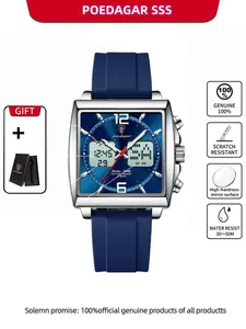 Poedagar Luxury Top Man Watch, Electronic Square LED Alarm Chronograph, Men's Watches with Week Date, Dual Time Display, Quartz Clock
