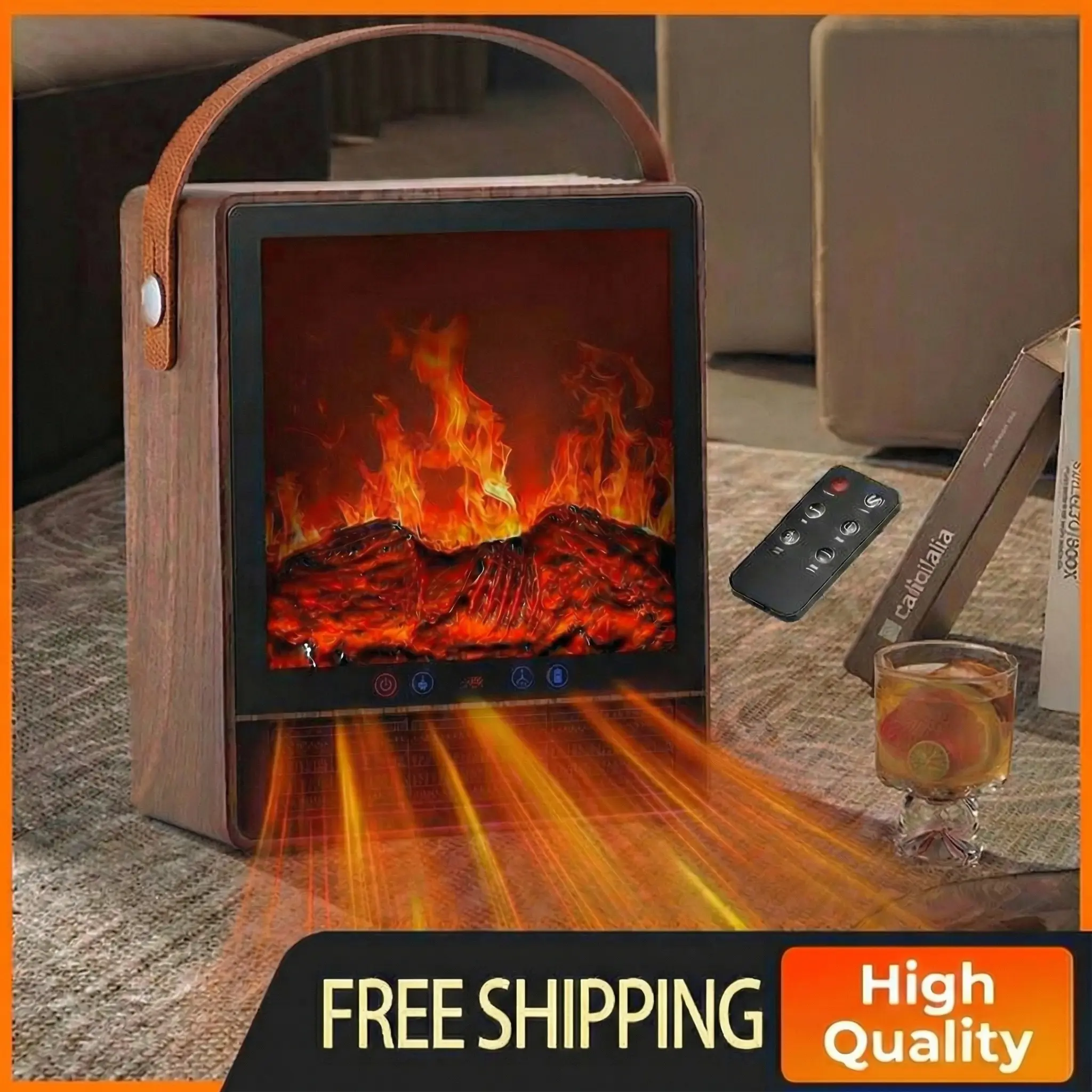 Multifunction Compact PTC Ceramic Tabletop Electric Fireplace Heater - 3s Quick Heating, 1500W, Adjustable Thermostat, 1-12H Timer, Eco Mode, Fan Mode, Silent Safe Energy-Efficient Rechargeable Portable Mini Travel Warmer for Home, Office