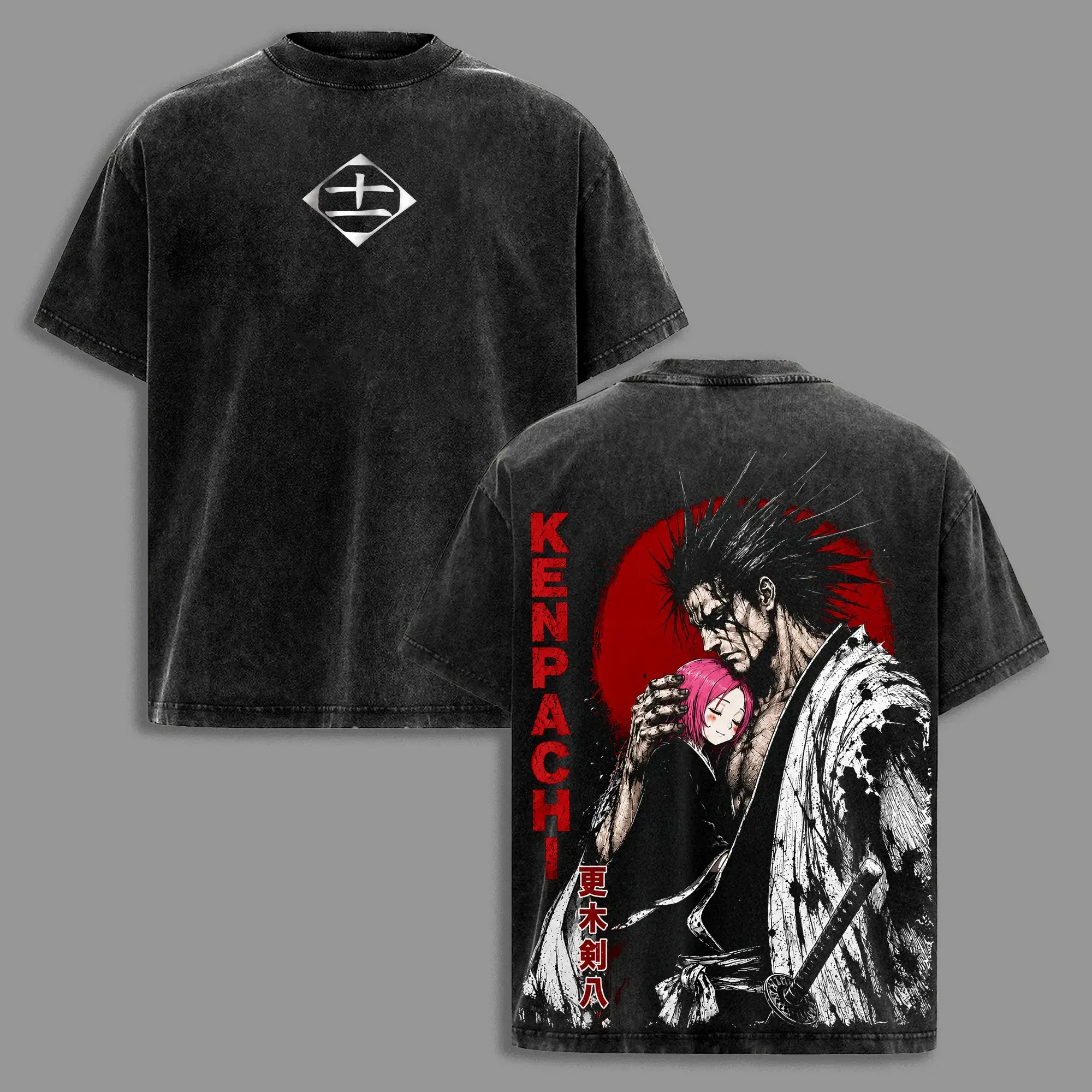Kenpachi Zaraki & Yachiru Kusajishi Bleach Vintage Washed Anime T-Shirt, Double Printed Soul Reaper Manga Graphic Tee, Oversized Heavyweight Cotton Streetwear Shirt