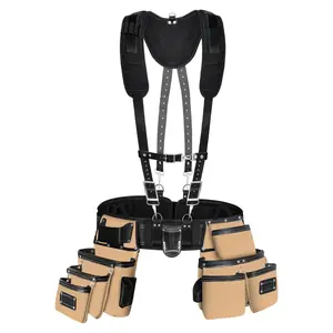 FUERI Tool Belt for Men with Suspender, Heavy Duty Nylon and Leather 26 Pockets Beige and Black comes with Comfort Padded Belt,Spacious Pouches,Hammer Holder, Suspender Loops and Suspender for Carpenter Construction Electrician