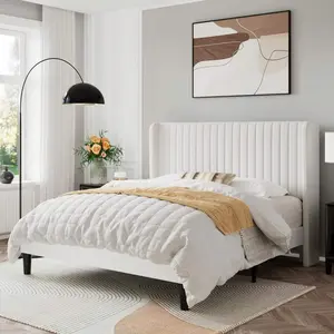 Allewie Velvet Upholstered Platform Bed Frame - Classic Design Headboard with Convenient Storage, Vertical Channel Tufted Wingback, Strong Wooden Slats, No Box Spring Needed, Queen/King Size Options, Ideal for Bedrooms