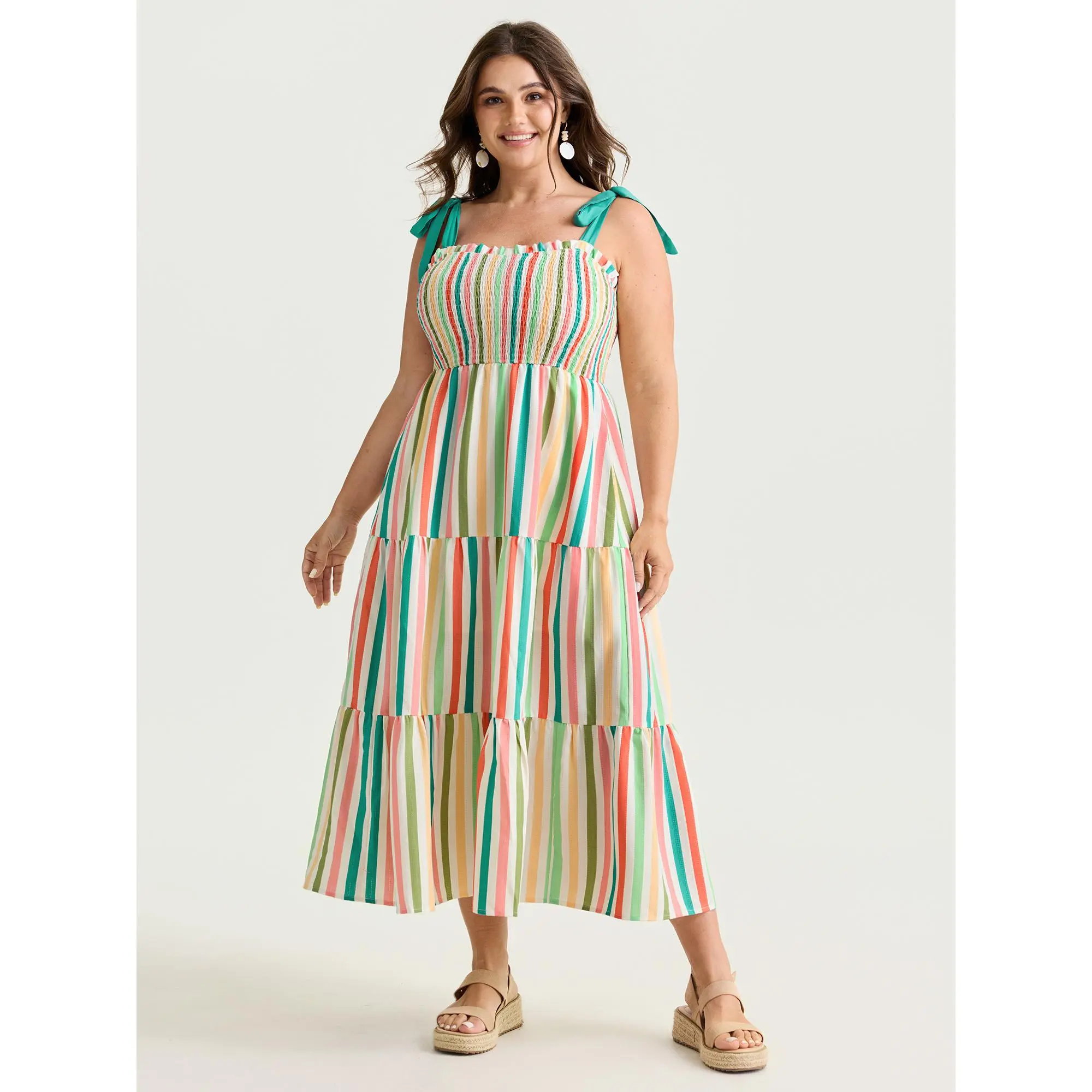BloomChic Women's Plus Size Colorful Striped Maxi Dress, Casual Boho Pull-On Garment with Lace-Up Shoulder Ties and Side Pocket, Smooth, Polyester, Low Iron, Plus Size Clothes, Bohemian, Women's Clothes, Curvy Clothing, Curvy Dresses Plus Size