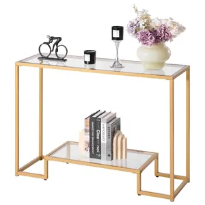 【Summervibes】VEVOR 2-Tier Glass Console Table, Modern Rectangle Sofa Side Table with Tempered Glass Top and Iron Legs, Golden Consloe Desk with Anti-Tip Device for Living Room, Hallway, Entryway, Foyer, Golden