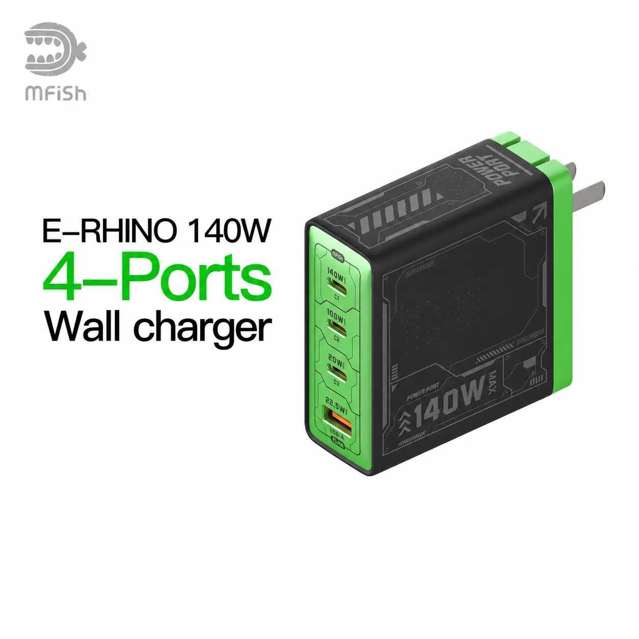 mfish E-RHINO 140W GaN Charging Block - 4-Port Multiple Ports Fast Charger with Original Foldable Universal International Travel Cordless Plug Frees Your Desk for Smartphones & Electronic Devices
