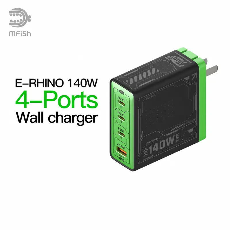 mfish E-RHINO 140W GaN Charger - 4-Port Fast Charging Block with Original Foldable Design, Universal International Travel Plug, AC Power Supply, Adapter Charger Ready for Smartphone, Cellphone & Electronic Devices