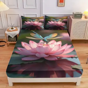 3-Piece Comfortable Dragonfly And Lotus Bed Hat Set, High-Definition Digital Printing, Soft And Breathable, 100% Polyester Fiber, Perfect Gift For All Seasons, Suitable For Family And Friends. Clearance Sale