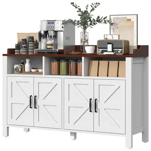 Buffet Cabinet with Storage Farmhouse with 4 Doors and 3 Open Compartments, 55'' Large Kitchen Storage Cabinet White Wood Coffee Bar Buffet Sideboard for Kitchen, Dining Room, Living Room