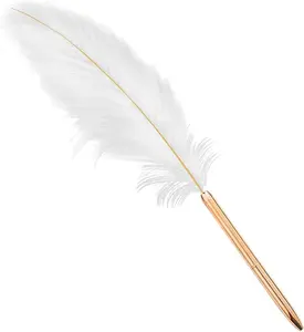 White feather pen, black ink, refillable pen for school writing, signature pens and refills, wedding signature pen