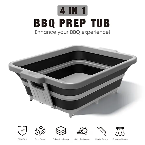 【ANJUKE】PVC Collapsible BBQ Prep Tub with Lid - 2 Gal (8 L) Foldable Camping Sink, Colander, 4-in-1 Marinating Tub, Cutting Board, Serving Tray, Drink Chiller for Picnic, Outdoor Use