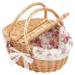 Picnic Basket for Creative Basket Handmade Wicker Hamper Food Fruit Storage Hamper Basket with Handle Double Lid for Camping