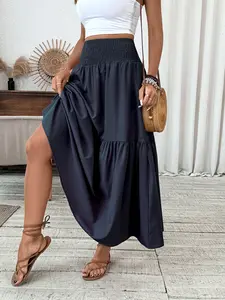 Women's Floral Midi Skirt, Casual Elastic Waist with Pockets, Ruffled Hem, A-Line Summer Dress, Fashionable and Comfortable, Feminine, Fit Womenswear, Lady