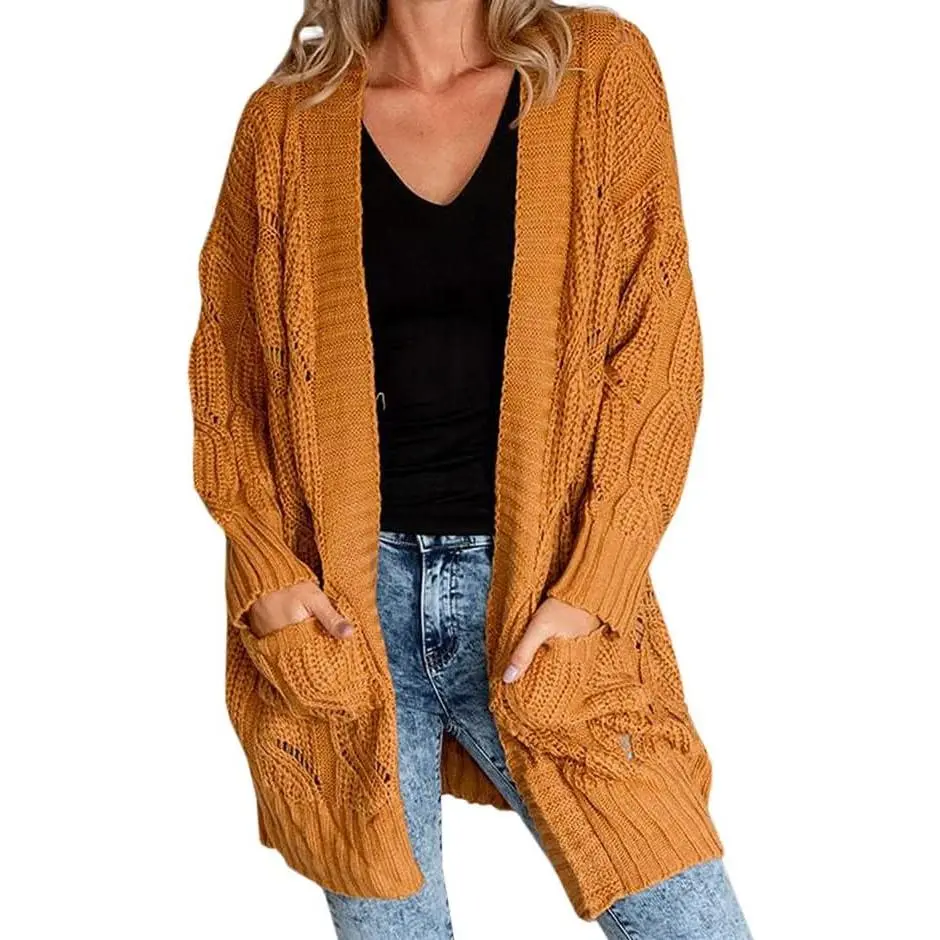 Women's Chunky Knit Cardigan - Long Sleeve, Plus Size, Oversized, Open Front, Pocketed, Hip Length Knitwear Outerwear for Party, Casual Outdoors, Longsleeves, Cardigan For Women, Side Pockets, Solid Colors, Baggy Slouchy Style, Knitting, Basic, Tops, Plus