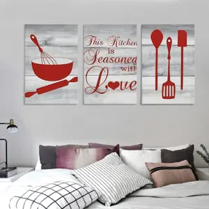 3 Exquisite Wooden Frame Canvas Wrapped Paintings This Kitchen Is Full of Love, Kitchenware, Country Style Kitchen Art, Red Kitchen Decoration Poster Room Aesthetics, Ideal Gift Hanging Print Ornaments Artistic Wall Photo